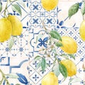 Beautiful vector seamless pattern in Sicilian style with hand drawn watercolor lemons and blue tiles. Stock illustration