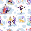 Beautiful vector seamless pattern with ski, snowboarding, snowshoeing and other winter activities. Royalty Free Stock Photo