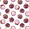 Watercolor mangosteen fruit vector pattern