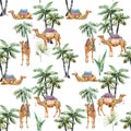 Watercolor camel and palm vector pattern