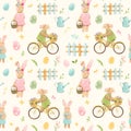 Beautiful vector seamless pattern with watercolor cute bunny boy on bike with basket of flowers and rabbit girl.