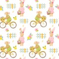 Beautiful vector seamless pattern with watercolor cute bunny boy on bike with basket of flowers and rabbit girl.