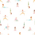 Beautiful vector seamless pattern with watercolor cute yoga girls. Stock illustration.