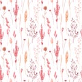 Beautiful vector seamless pattern with watercolor herbarium wild dried grass in pink and yellow colors. Stock