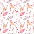 Beautiful vector seamless pattern with watercolor herbarium wild dried grass in pink and yellow colors. Stock Royalty Free Stock Photo