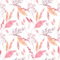 Beautiful vector seamless pattern with watercolor herbarium wild dried grass in pink and yellow colors. Stock