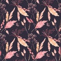 Beautiful vector seamless pattern with watercolor herbarium wild dried grass in pink and yellow colors. Stock