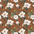 Beautiful vector seamless pattern with hand drawn watercolor white magnolia flowers. Stock illustration.