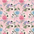 Beautiful vector seamless pattern with watercolor pink, blue, violet hydrangea flowers and white anemones with lavander