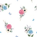 Beautiful vector seamless pattern with watercolor pink, blue, violet hydrangea flowers and white anemones with lavander
