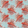 Beautiful vector seamless pattern with watercolor red lionfish. Stock illustration.