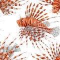 Beautiful vector seamless pattern with watercolor red lionfish. Stock illustration.