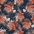 Beautiful vector seamless pattern with watercolor red lionfish. Stock illustration.