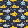 Watercolor underwater submarine vector pattern