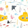 Watercolor underwater submarine vector pattern
