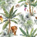 Beautiful vector seamless pattern with watercolor tropical palms and jungle animals tiger, giraffe, leopard. Stock