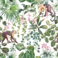 Beautiful vector seamless tropical floral pattern with cute hand drawn watercolor monkey and exotic jungle flowers