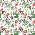 Beautiful vector seamless tropical floral pattern with cute hand drawn watercolor monkey and exotic jungle flowers