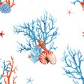 Beautiful vector seamless underwater pattern with watercolor sea life coral shell and starfish. Stock illustration. Royalty Free Stock Photo