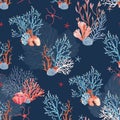 Beautiful vector seamless underwater pattern with watercolor sea life coral shell and starfish. Stock illustration. Royalty Free Stock Photo