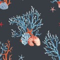 Beautiful vector seamless underwater pattern with watercolor sea life coral shell and starfish. Stock illustration. Royalty Free Stock Photo