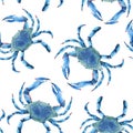 Beautiful vector seamless underwater pattern with watercolor blue crabs. Stock illustration. Royalty Free Stock Photo