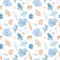 Beautiful vector seamless underwater pattern with watercolor sea life colorful corals. Stock illustration.