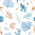 Beautiful vector seamless underwater pattern with watercolor sea life colorful corals. Stock illustration. Royalty Free Stock Photo
