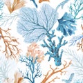 Beautiful vector seamless underwater pattern with watercolor sea life colorful corals. Stock illustration.