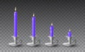 Beautiful vector set of gradually burned realistic purple candles on metal candlesticks on transparent background Royalty Free Stock Photo