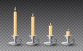 Beautiful vector set of gradually burned realistic yellow candles on metal candlesticks on transparent background