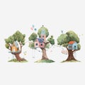 Beautiful vector set with three cute watercolor children tree houses. Stock illustration.