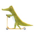 Beautiful vector stock illustration with cute watercolor crocodile on scooter. Baby alligator hand drawn painting.