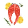 Beautiful vector stock illustration with watercolor tasty red salmon fish steak. healthy food.