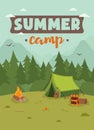 Beautiful vector summer camp illustration. Tent, bonfire, backpack and guitar in the wilderness in the mountains in the fresh air