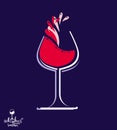 Beautiful vector wine goblet with splash, alcohol theme illustration. Stylized art wineglass, decorative romantic rendezvous