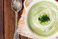 Beautiful vegetarian brocoli soup in a white bowl.