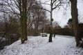 Birdhouse and insect houses in the trees by the Wuhle River in the snowy winter. Berlin, Germany