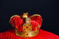 Beautiful velvet crown on red pillow. Fantasy item