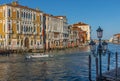 Beautiful Venetian view with old historical houses and boats on Grand Canal, in Venice, Italy Royalty Free Stock Photo