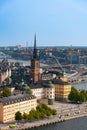 Beautiful vertical aerial view of the old buildings at Riddarholmen in Stockholm Sweden.