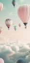 Beautiful vertical background with hot air balloons up in the sky, in pastel colors. Generative Ai