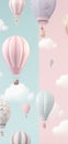 Beautiful vertical background with hot air balloons up in the sky, in pastel colors. Generative Ai