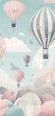 Beautiful vertical background with hot air balloons up in the sky, in pastel colors. Generative Ai