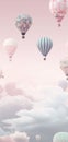 Beautiful vertical background with hot air balloons up in the sky, in pastel colors. Generative Ai
