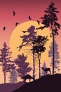 Beautiful vertical landscape. Silhouette of forest and deers on background of sun and flying birds. Realistic fir trees and pines Royalty Free Stock Photo