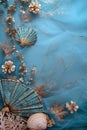 Beautiful vertical natura blue background, sea theme backdrop with copy space, tropical sea shells, top view, blank space