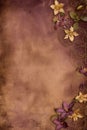 Beautiful vertical natura brown background with clematis flowers and space for text, botanical backdrop with copy space on grunge