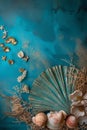 Beautiful vertical natura teal background, marine theme backdrop with copy space, grunge texture, tropical sea shells, top view,