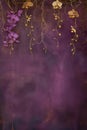 Beautiful vertical natura violet background with golden orchids and space for text, botanical backdrop with copy space on grunge